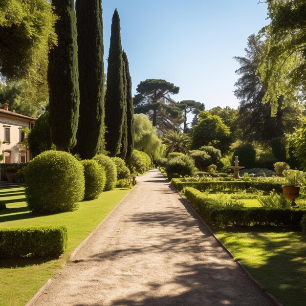 un sentier piétonnier au milieu d'un jardin d'une villa Concept de paysage