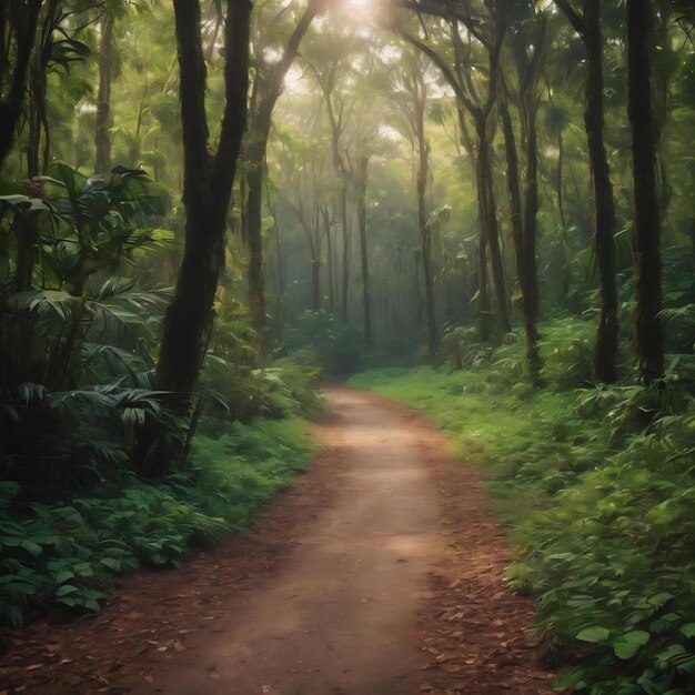 Un sentier de randonnée au fond flou dans une forêt tropicale verte et luxuriante