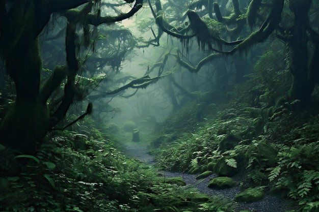 Sentier de randonnée dans la forêt tropicale brumeuse de Californie, États-Unis
