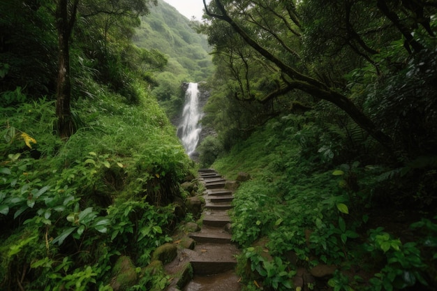 Sentier de randonnée avec vue sur la cascade en cascade et la verdure luxuriante créée avec l'IA générative