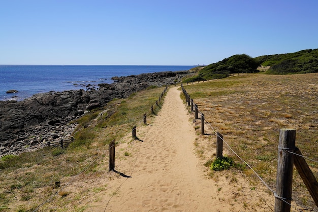 Photo sentier de sable de la côte accès à la plage de l'atlantique de la mer de talmontsainthilaire en vendée france