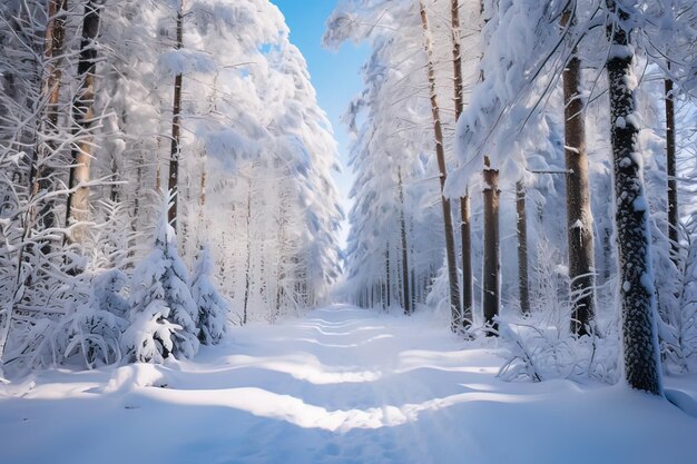 Photo le sentier serré de la forêt d'hiver recouvert de neige