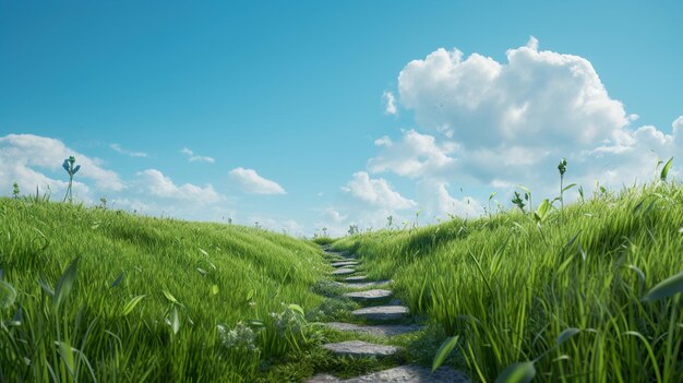 Un sentier sinueux menant à une colline herbeuse vers un ciel bleu clair