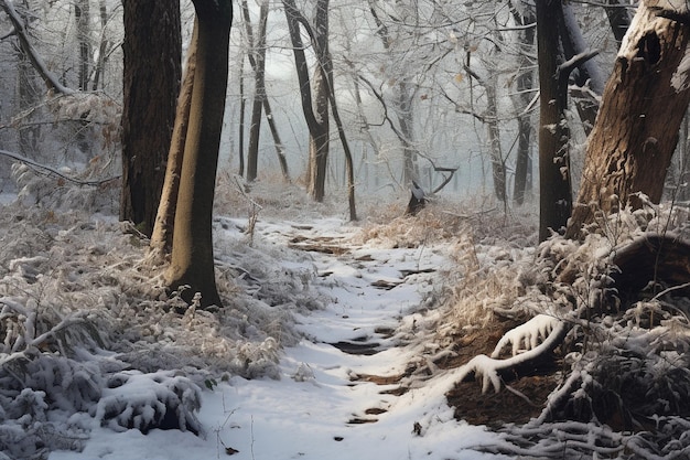 Photo un sentier sinueux recouvert de poussière de neige au milieu des bois