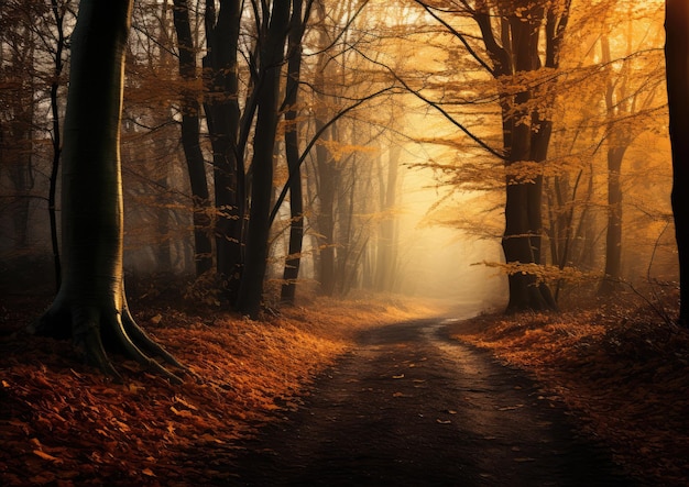 Un sentier solitaire à travers une forêt d'automne