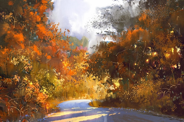 Sentier à travers la forêt colorée Peinture de paysage d'automne Illustration