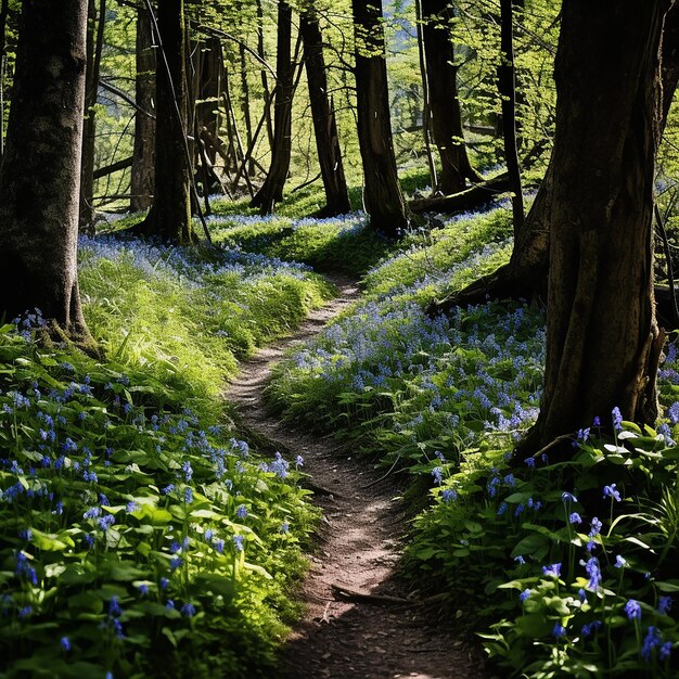 Un sentier à travers une forêt est flanqué de fleurs colorées