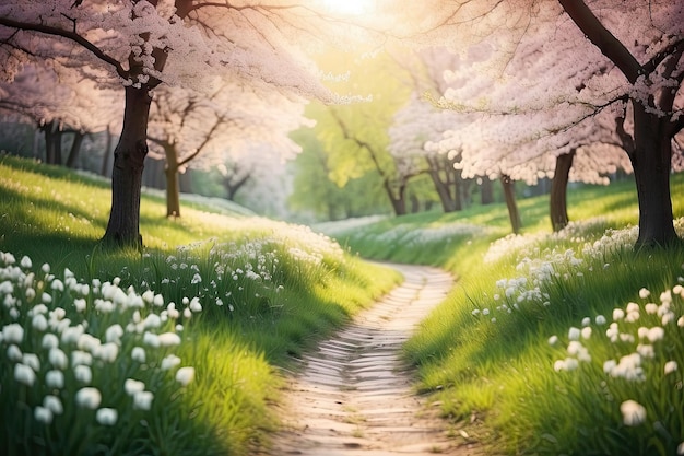 un sentier à travers l'herbe avec des fleurs et de l' herbe