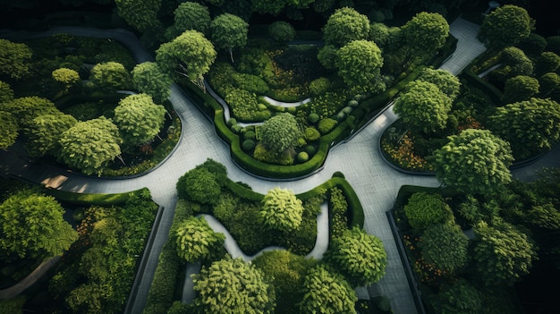 Photo des sentiers et des buissons dans le parc, vue du haut