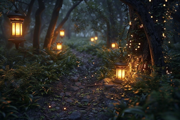 Des sentiers enchanteurs dans la forêt éclairés par des lanternes