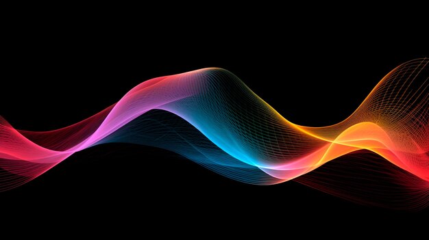 Sentiers de lignes de vagues fluides dynamiques dans diverses couleurs isolées sur fond noir Abstrait futuriste science numérique et concept de communication AI générative