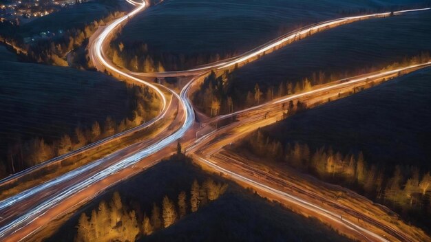 Sentiers lumineux d'en haut sur une route aller-retour