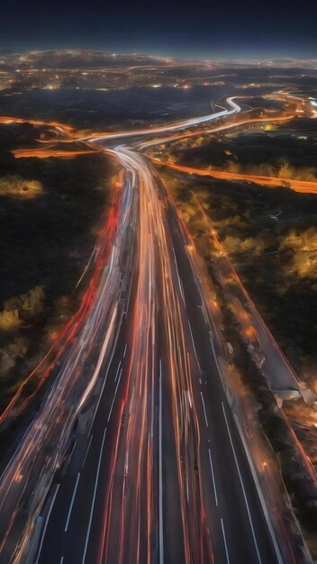 Sentiers lumineux d'en haut sur une route aller-retour