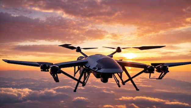 Sentinel of the Skies Patrouille de drones militaires sans pilote au coucher du soleil