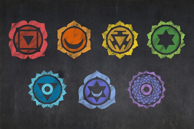 Les sept chakras dessinés sur un tableau noir