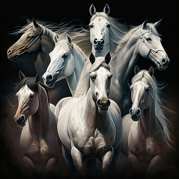 Sept chevaux blancs représentés dans une peinture IA générative