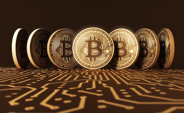 Sept pièces virtuelles Bitcoins sur circuit imprimé