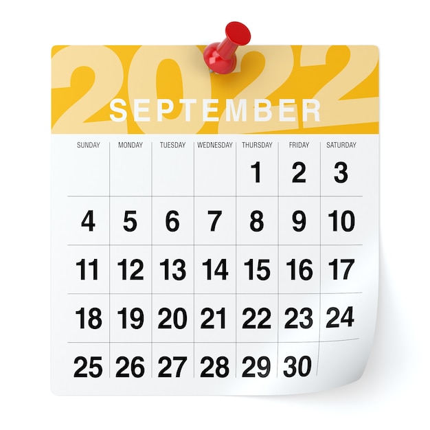 Septembre 2022 - Calendrier. Isolé sur fond blanc. Illustration 3D