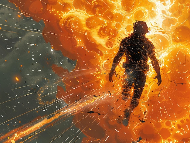 Photo séquence d'action de super-héros pixelée pour une bande dessinée le panneau se brouille en une explosion dynamique de couleurs