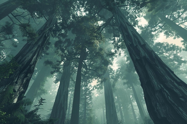 Des séquoias imposantes dans une forêt brumeuse