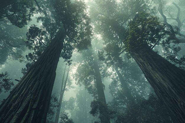 Photo des séquoias imposants dans une forêt brumeuse