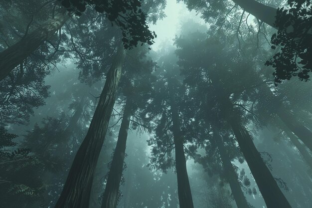 Des séquoias imposants dans une forêt brumeuse