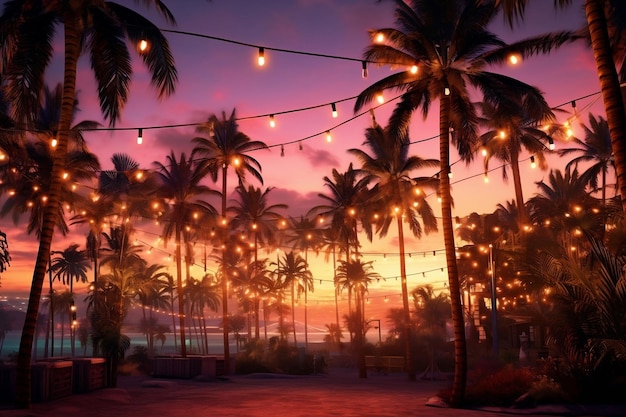 La sérénade au coucher du soleil Les palmiers et les lumières à cordes