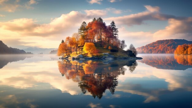 Serene fait face à un paysage d'automne coloré sur une île dans un lac