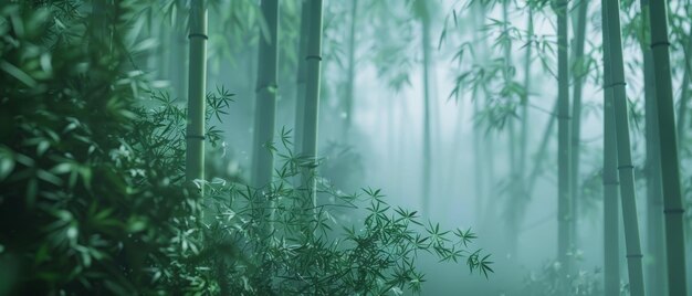 Une serene forêt de bambou enveloppée de brume avec un jeu subtil de lumière et d'ombre crée une atmosphère mystique dans ce havre de paix.