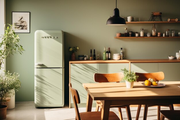 Serene Kitchen Oasis Sage Green Wall Accents en bois dans une douce lumière naturelle