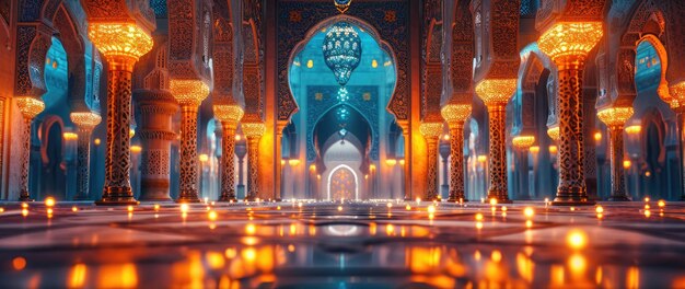 Photo serene ramadan kareem soir à l'intérieur de la mosquée ornée ornately la mosquée est capturée pendant le ramadan