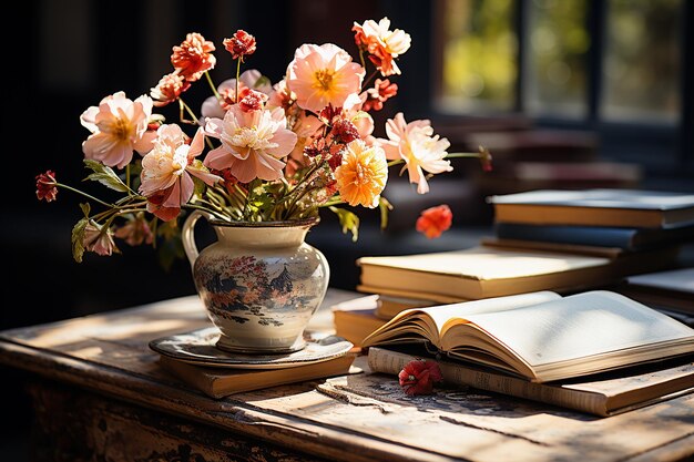 Serene Reading Nook Books Vase de fleurs et rebord de fenêtre en harmonie stylisée