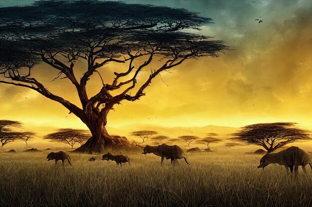 Photo serengeti tanzanie afrique un endroit parfait pour l'aventure parmi les arbres emblématiques et les animaux sauvages