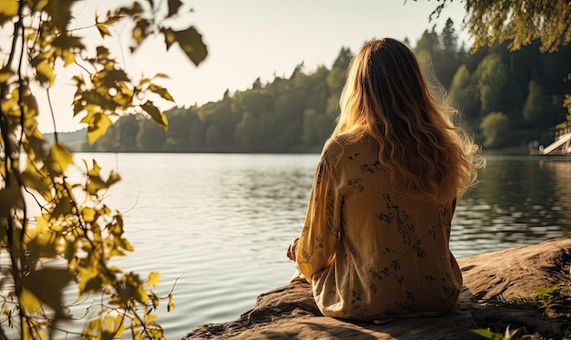 La sérénité au bord des eaux scintillantes Une femme contemplant la beauté tranquille d'une vue panoramique sur un lac