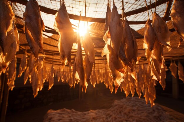 Photo serenité au soleil en explorant un village de pêcheurs traditionnels thaïlandais avec du poisson séché au soleil