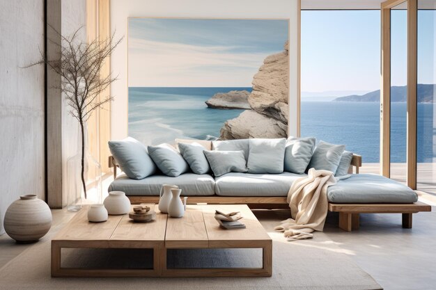 Photo serenité côtière sofa à charpente en bois de vie côtière moderne en bois flottant bleu clair décor de café en bois