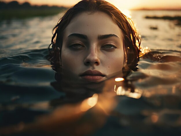 Serenité dans les eaux du coucher du soleil Portrait captivant d'une belle jeune femme allongée gracieusement dans un tr