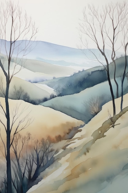 Sérénité dans la simplicité Paysage aquarelle d'une paisible vallée de la rivière