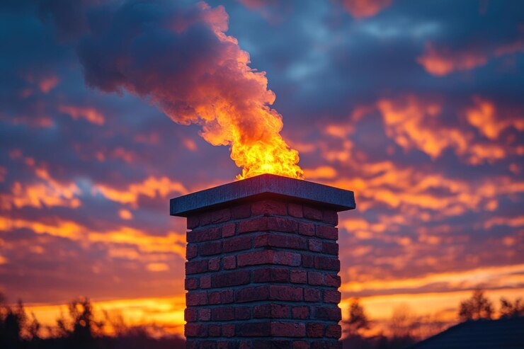 La sérénité du coucher de soleil confortable avec une charmante cheminée émettant de la fumée dans une atmosphère chaleureuse de la maison