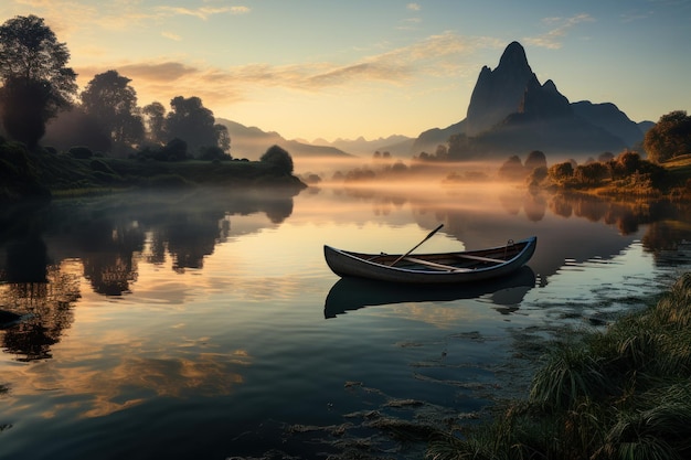 La sérénité du lever du soleil Un canoë solitaire à la dérive sur un lac de montagne