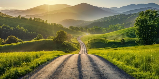 La sérénité du lever du soleil sur une route de campagne sinueuse au milieu des collines vallonnées