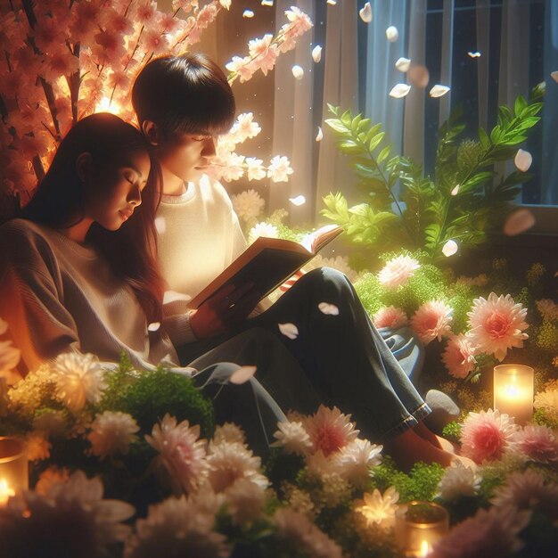 La sérénité du printemps Un couple est assis parmi un lit de fleurs luxuriantes
