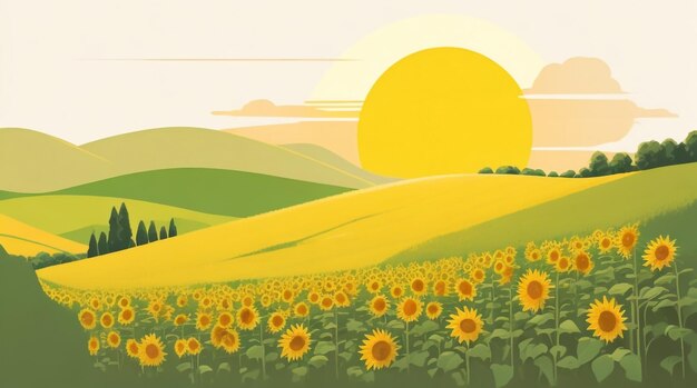 Sérénité ensoleillée Dessin de champ de tournesols dans la colline italienne à l'heure d'or