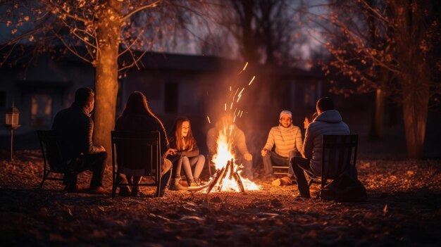 la sérénité d'une famille rassemblée autour d'un feu de joie de printemps