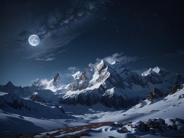 Sérénité des montagnes, sommets enneigés sous la lune et les étoiles