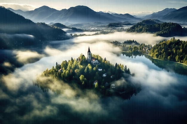 Sérénité mystique Prise de vue aérienne captivante de la forêt d'arbres couverte de brouillard à Bled en Slovénie