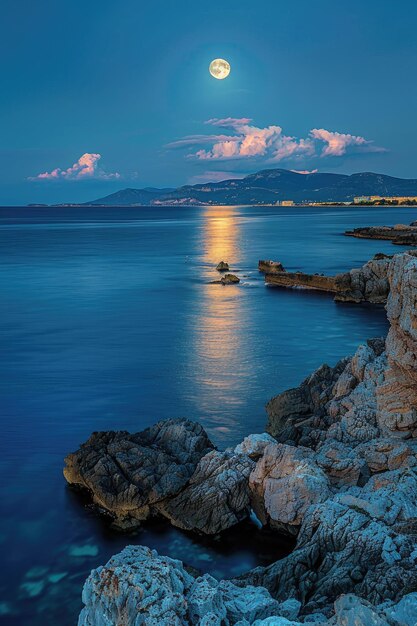 Photo la sérénité de la nuit, le paysage marin éclairé par la lune et le ciel coloré.