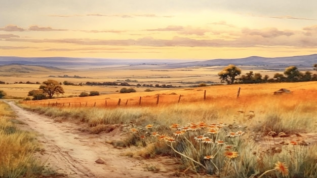 La sérénité sur les prairies de l'ouest américain Aquarelle paysage félicité