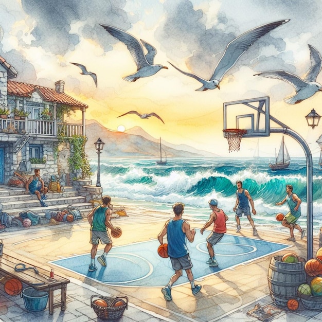 Serenité sur le terrain ville côtière basket-ball sable dribble vagues mouettes peinture à l'aquarelle