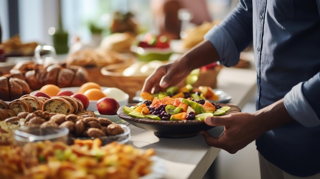 Photo une série d'aliments différents disposés sur une table indiquant un repas de style buffet éventuellement pour un brunch ou un événement social